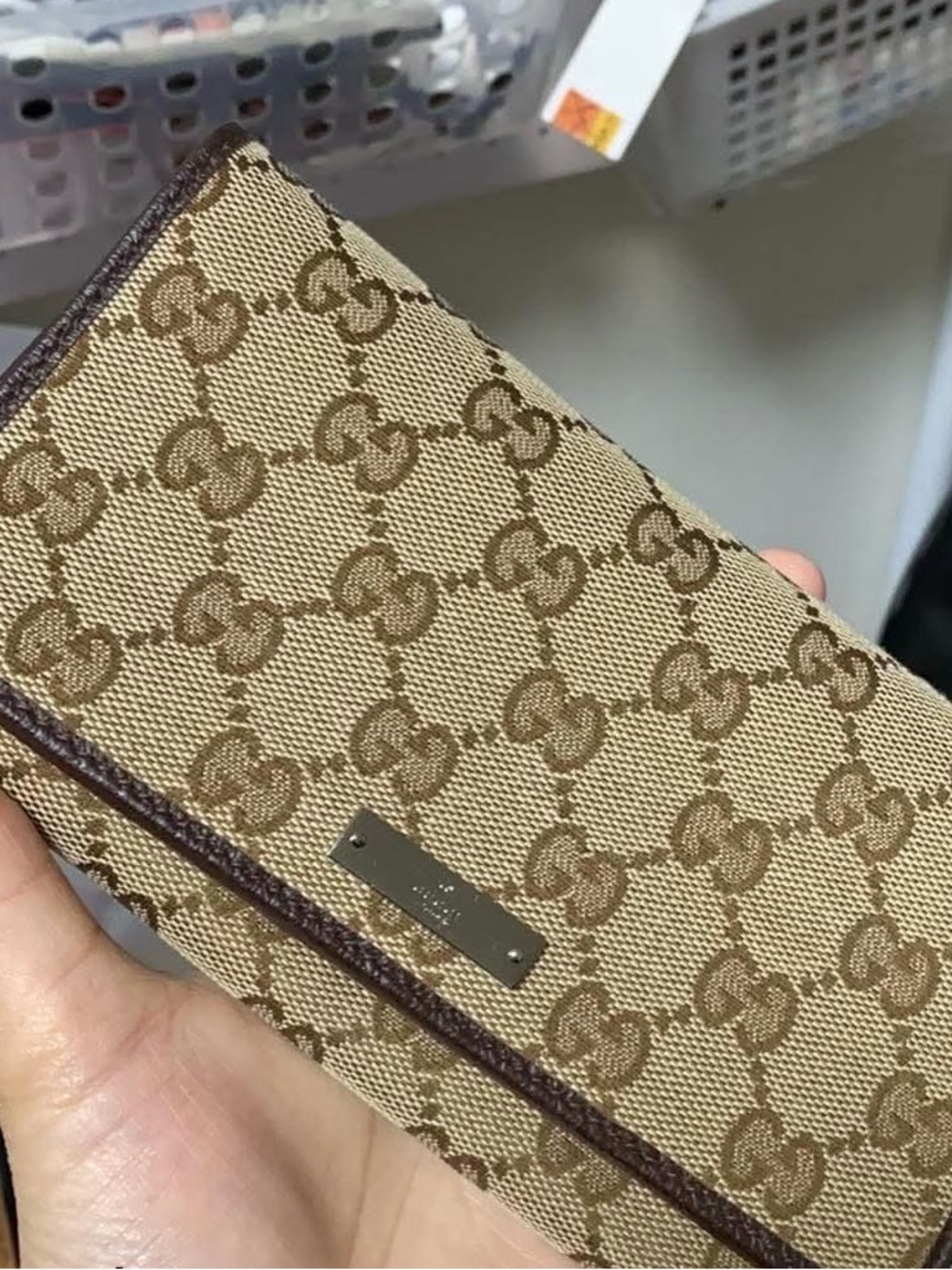 Gucci Brown Leather and Beige GG Canvas long wallet